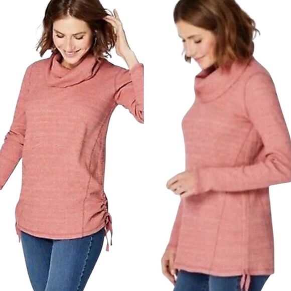 J. Jill Pink Cowl Neck Sweater Heathered Texture Cinched Hem Womens Small Pink - Picture 1 of 11